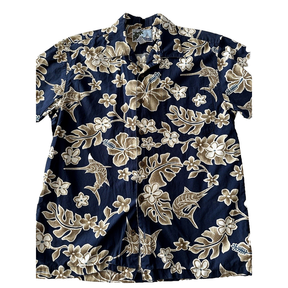 AFTCO Blue Water Button Down Medium Shirt Hawaiian Navy Blue w/Tan Floral/Marlin